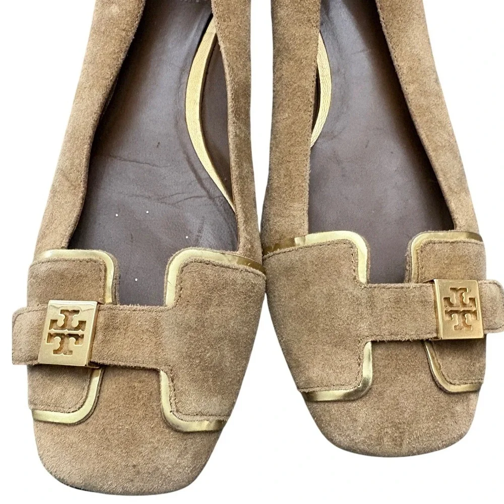 Tory Burch Suede Ballet Flats Brown Gold Logo Buckle Women's 9.5M Leather